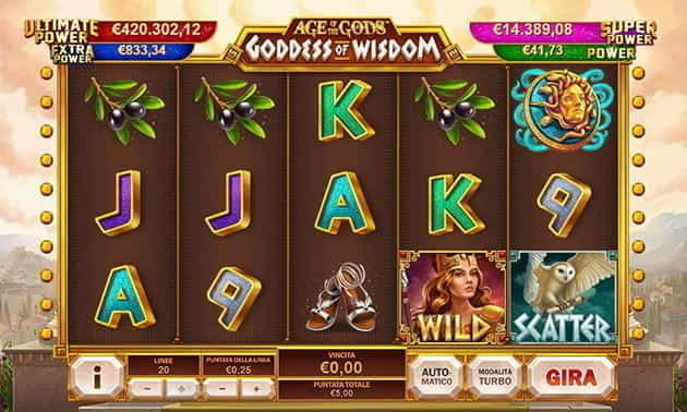 L’interfaccia della slot casinò Goddess of Wisdom della serie Age of the Gods.