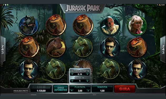 L’interfaccia grafica della slot Jurassic Park di Microgaming.