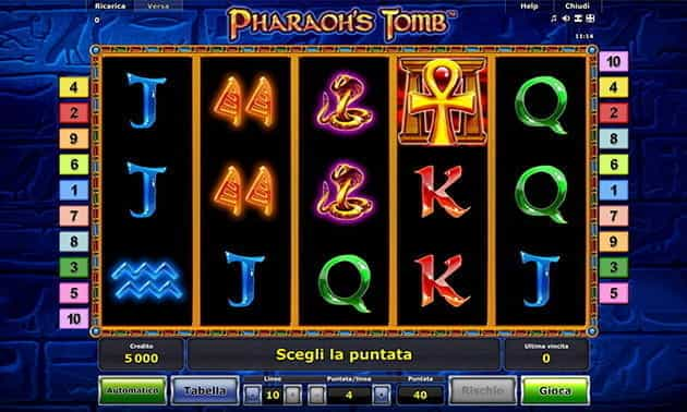 L’interfaccia grafica della slot Pharaoh’s Tomb di Novomatic.