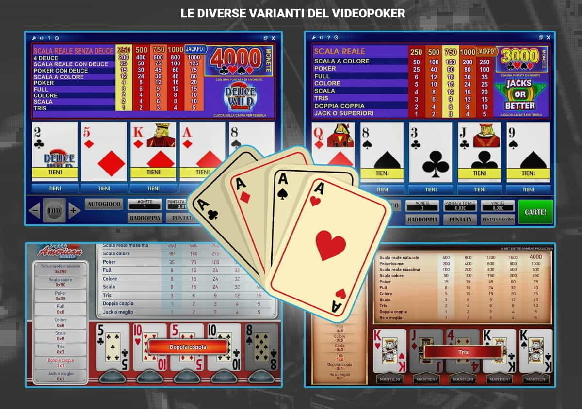 Le quattro principali varianti di videopoker disponibili sui casinò online: Jacks or Better, Joker's Wild, Deuces Wild e con bonus.