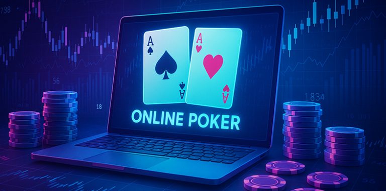 Fiches, laptop con 2 assi e la scritta Online Poker