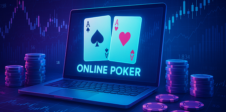 Fiches, laptop con 2 assi e la scritta Online Poker
