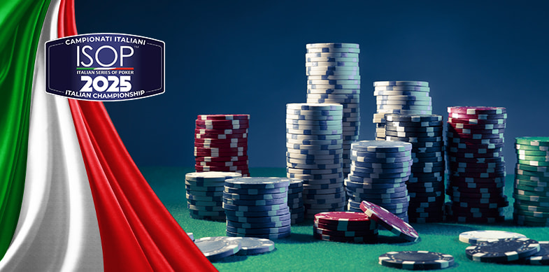 Fiches, bandiera italiana e logo Campionati Italiani di Poker 2025