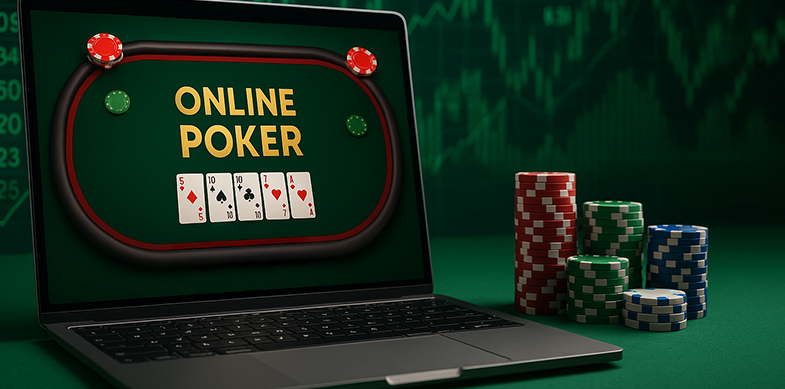 Fiches e laptop con scritta Poker Online