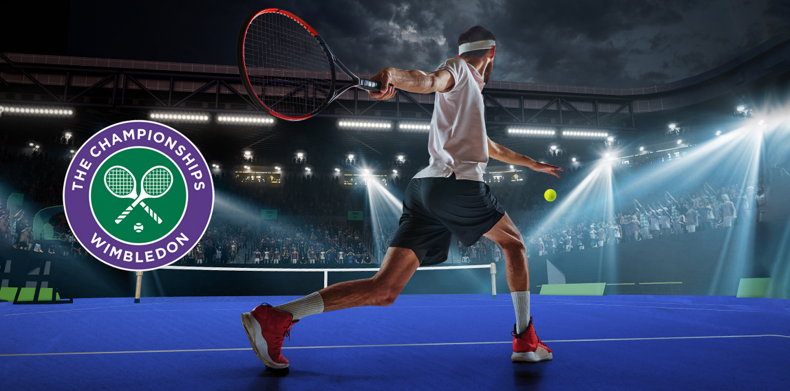 Tennista in azione, logo Wimbledon 2025