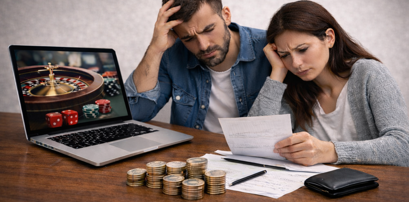 Computer con roulette e dadi, tavolo con bollette e monete, famiglia italiana