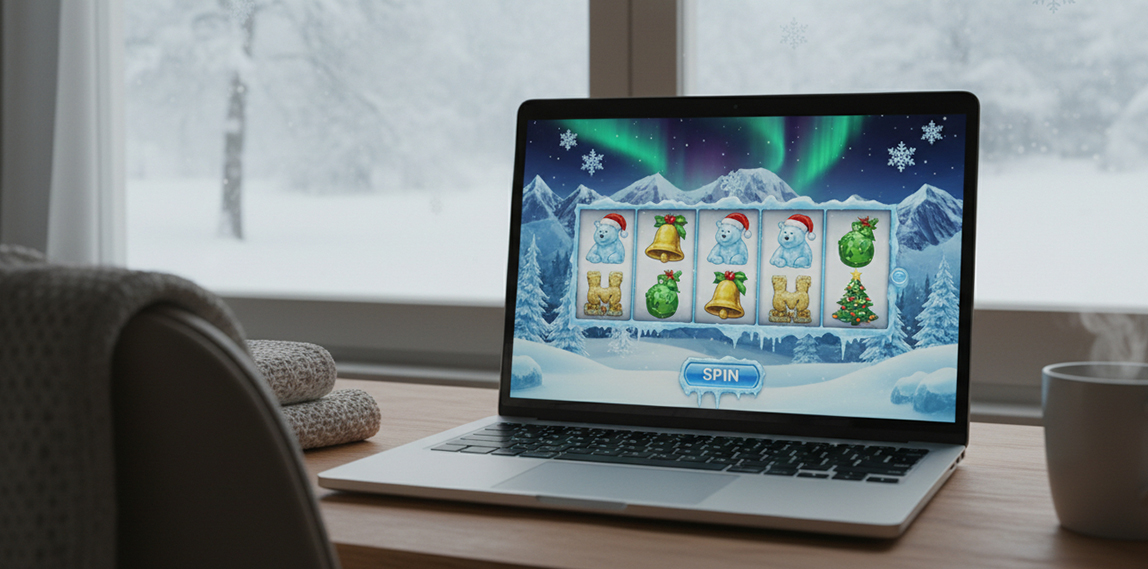 Slot natalizia su uno schermo di pc e sfondo esterno innevato