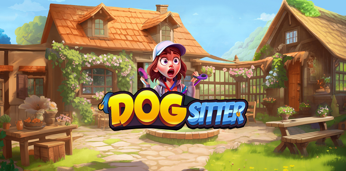 Il logo della slot Dogsitter con la protagonista e uno sfondo con l'ambientazione del gioco
