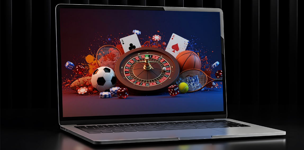 Laptop con palloni, roulette, carte e fiches